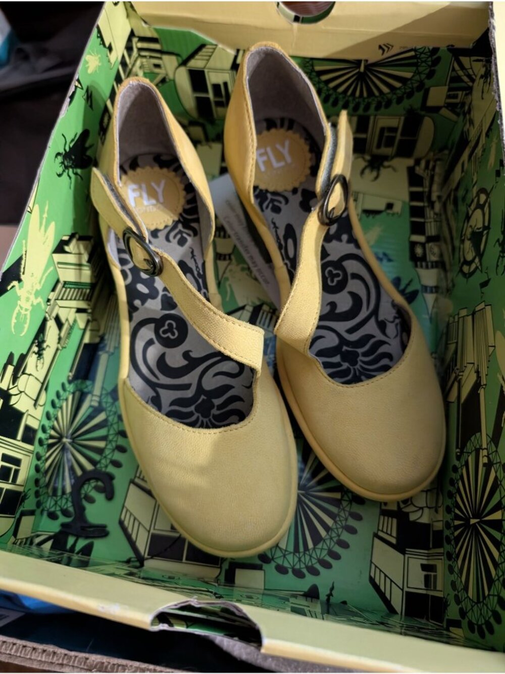 FLY London Yellow Leather Strap Heeled Sandals Cupido Size 35 US 5 Suede Shoes